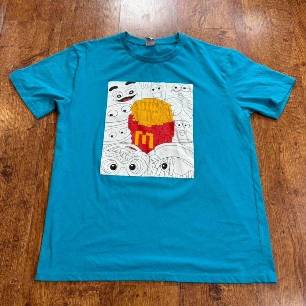 McDonalds dark teal graphic t-shirt with french fries design. minor flaws In pic